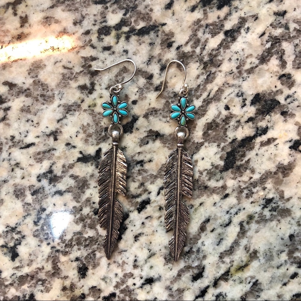 Lucky Brand Silver Turquoise Feather Earrings